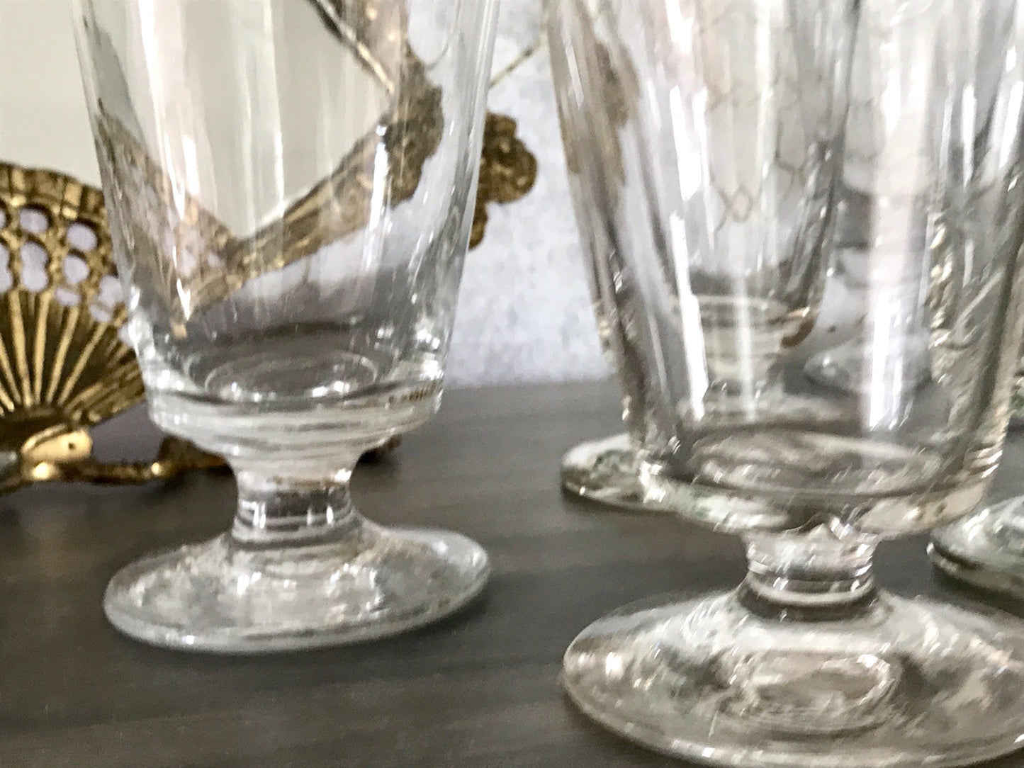 Antik 6 Fußbecher Becher Weinglas Pokalglas Glas ~ 1900 Eichstrich mundgeblasen