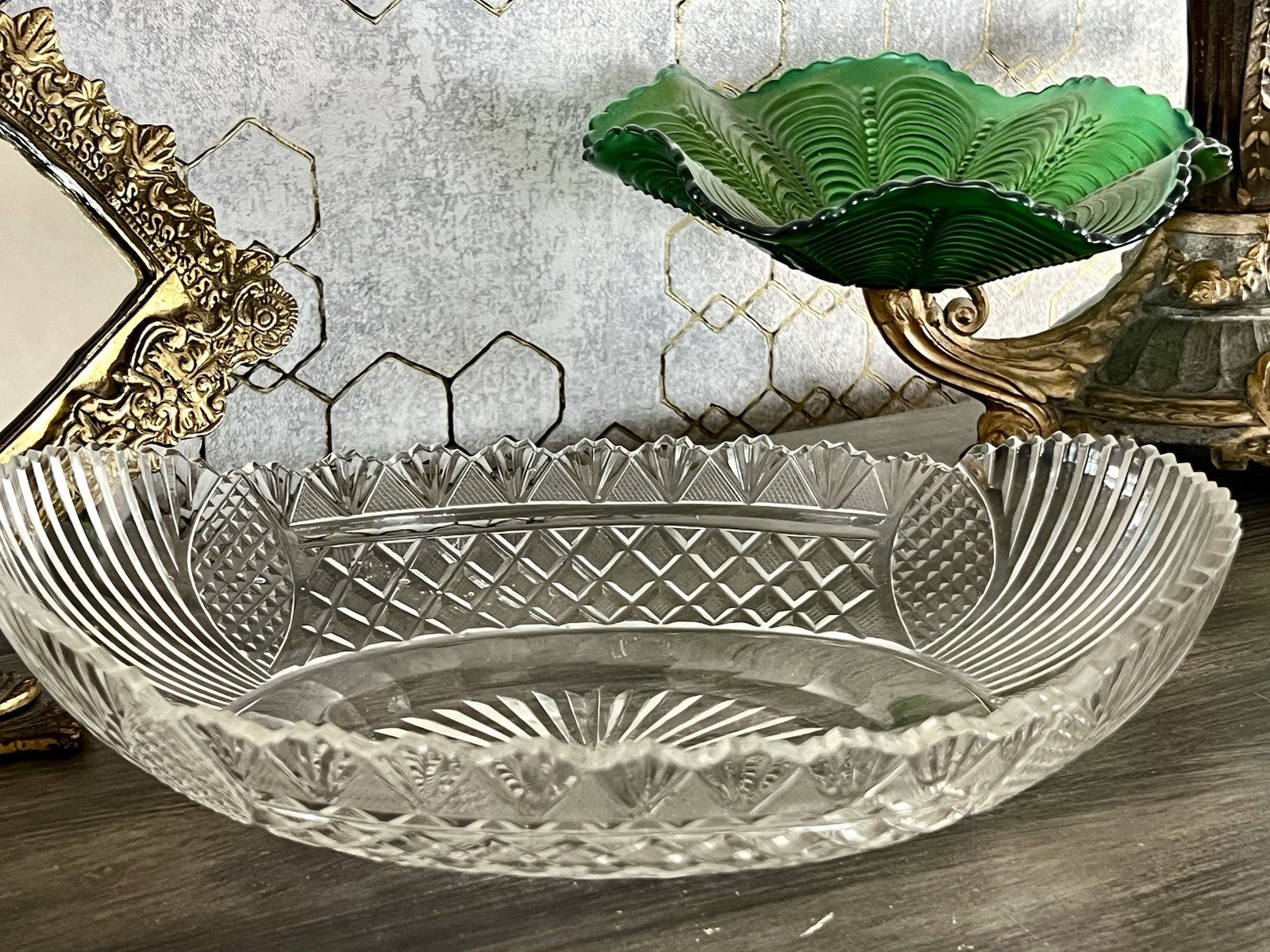 Antik Bleikristall Schale Glasschale Jardiniere Kristallglas Schiffchen Schliff