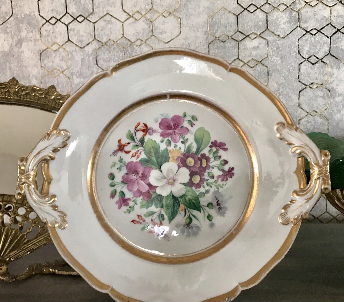 Antik Tielsch Porzellan Schale Zierschale Prunkschale um 1860 Blumenmalerei