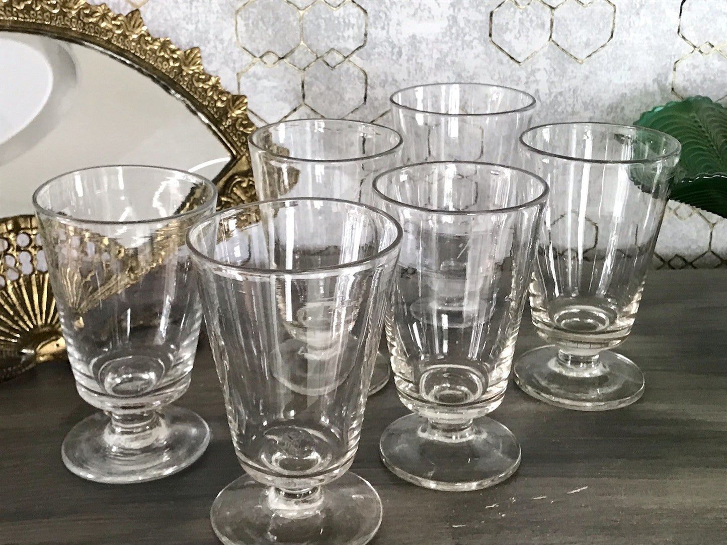 Antik 6 Fußbecher Becher Weinglas Pokalglas Glas ~ 1900 Eichstrich mundgeblasen