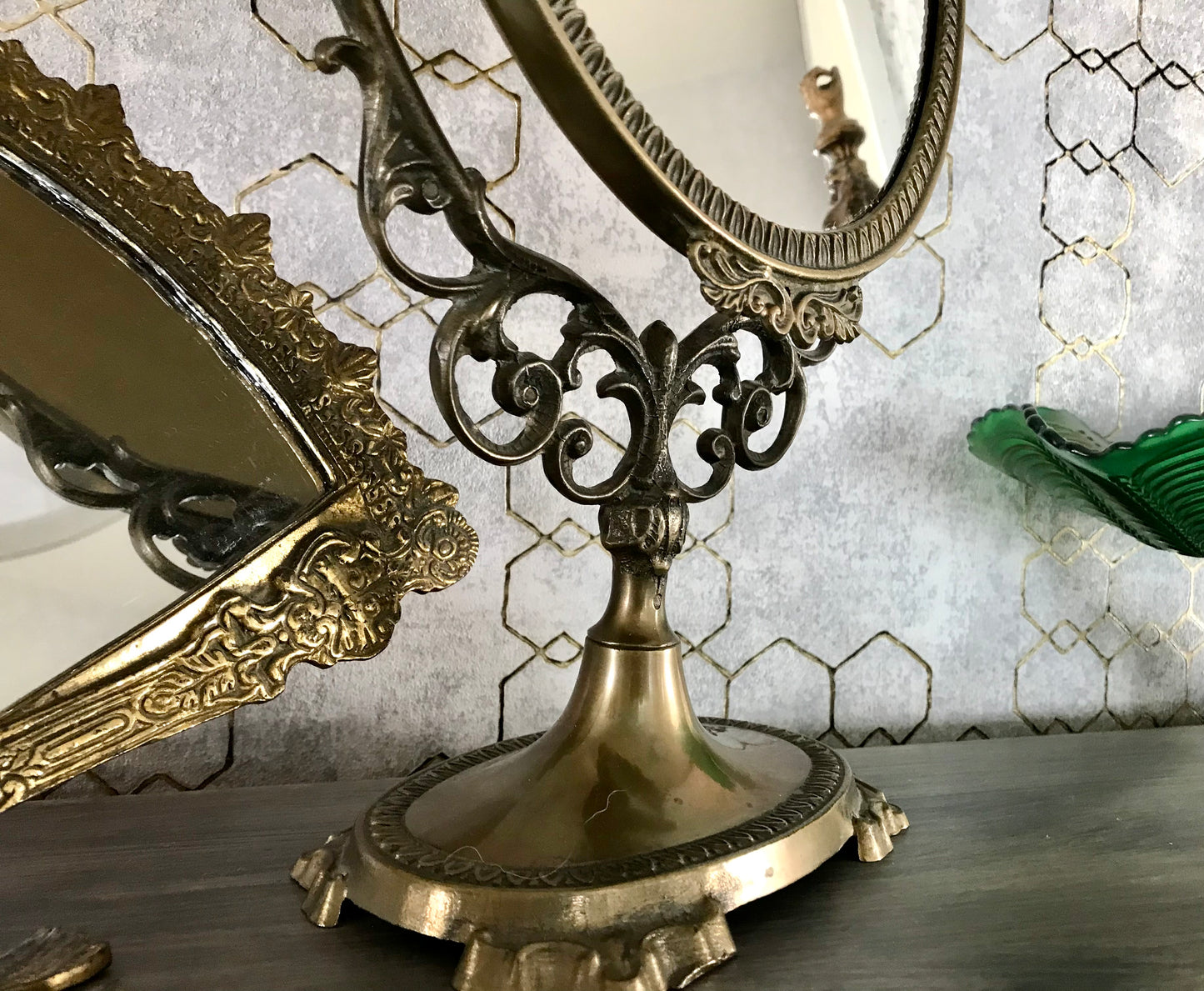 Alt Vintage Tischspiegel Spiegel schwenkbar Messing
