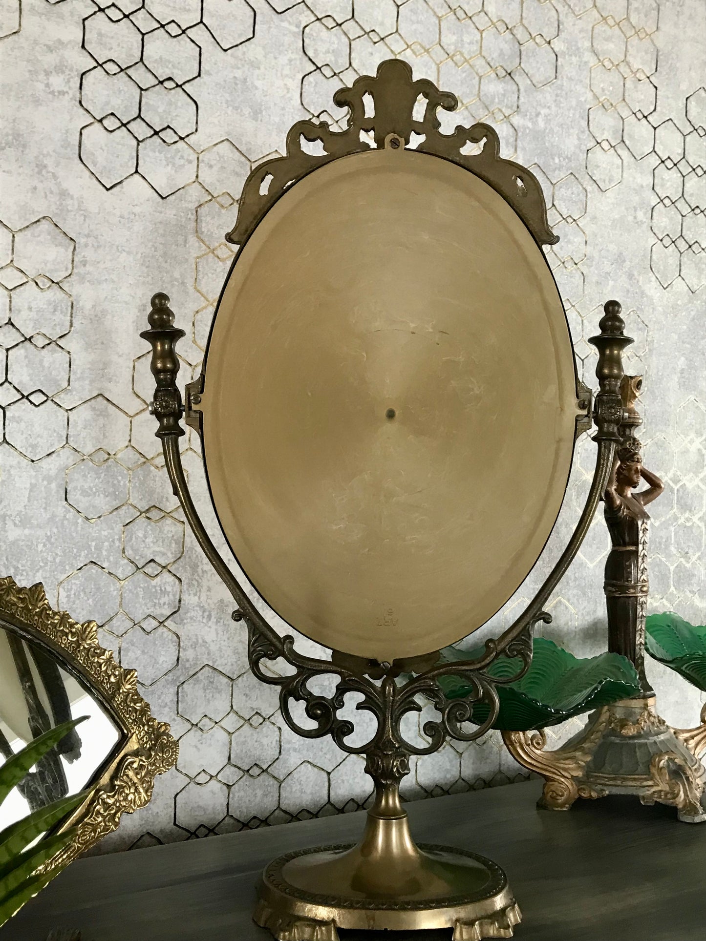 Alt Vintage Tischspiegel Spiegel schwenkbar Messing