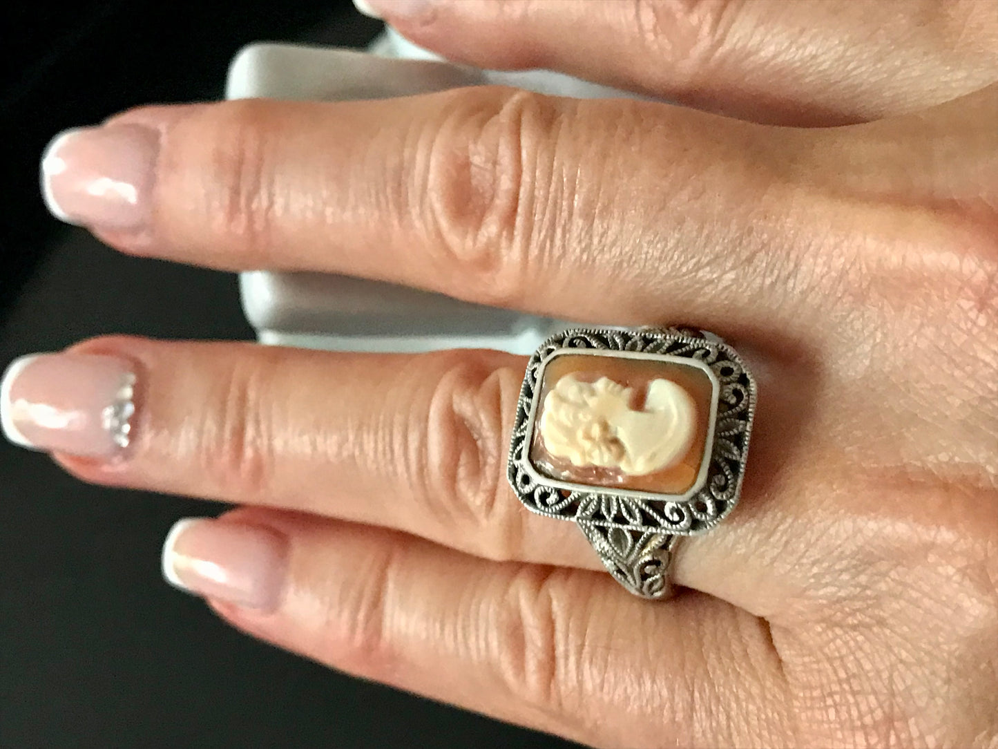 Antik Art Déco Jugendstil Edel DAMEN RING Silber Muschelgemme Cameè Gr. 62