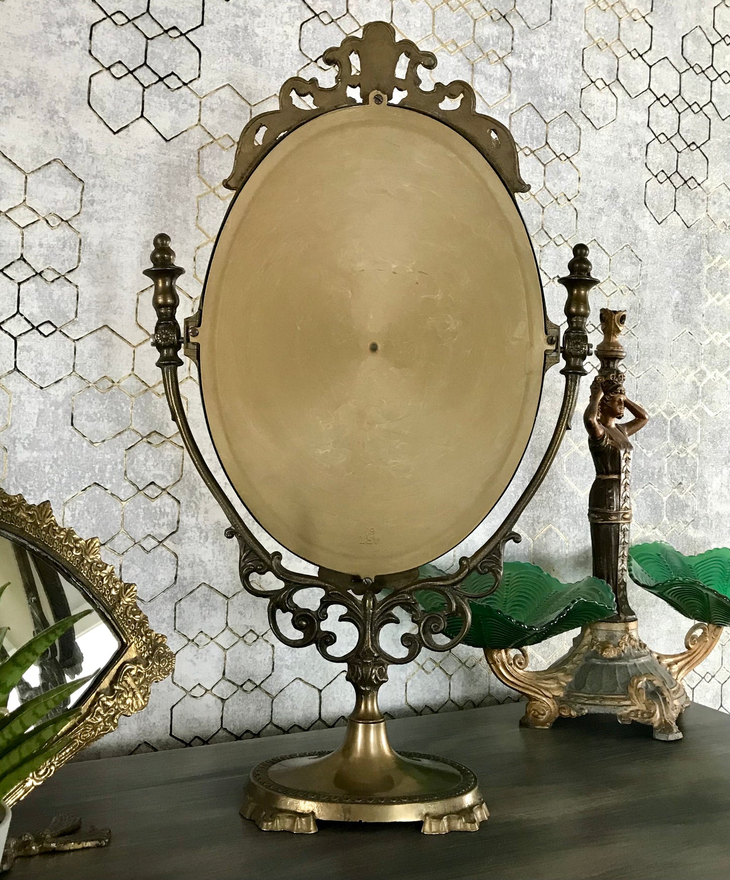 Alt Vintage Tischspiegel Spiegel schwenkbar Messing