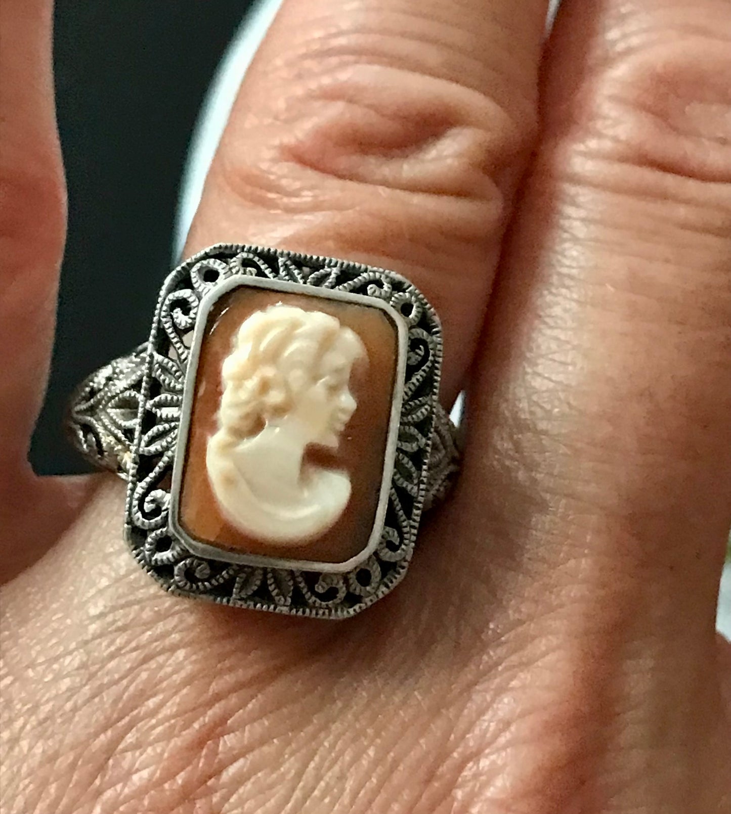 Antik Art Déco Jugendstil Edel DAMEN RING Silber Muschelgemme Cameè Gr. 62