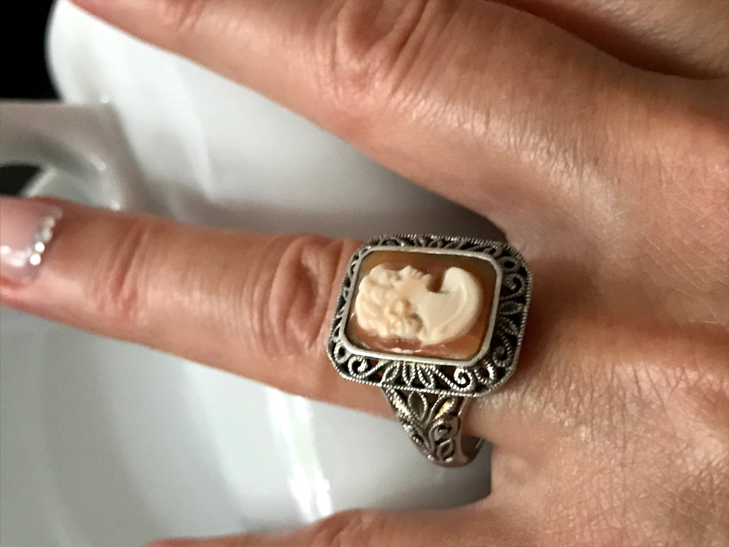 Antik Art Déco Jugendstil Edel DAMEN RING Silber Muschelgemme Cameè Gr. 62