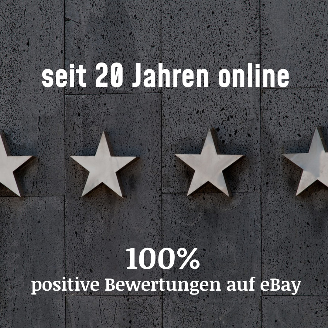 Banner mit vier Sternen, 20 Jahre Online-Erfahrung und 100 % positiven eBay-Bewertungen