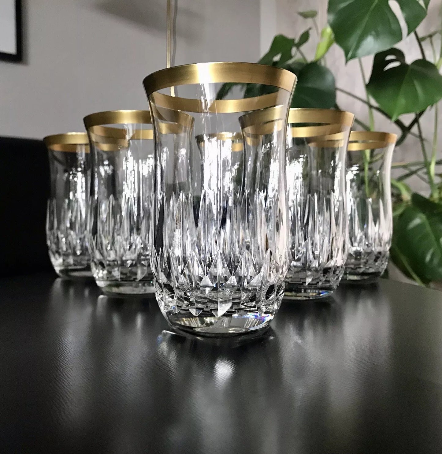 Vintage 12 EDEL Wassergläser Trinkbecher Gläser Kristallglas Goldrand