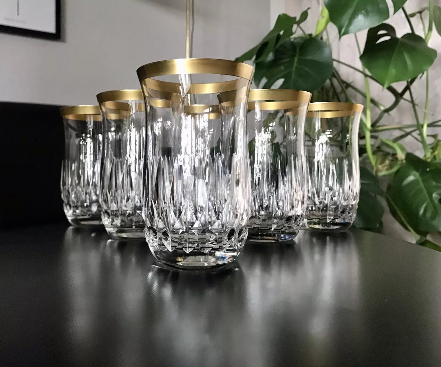 Vintage 12 EDEL Wassergläser Trinkbecher Gläser Kristallglas Goldrand