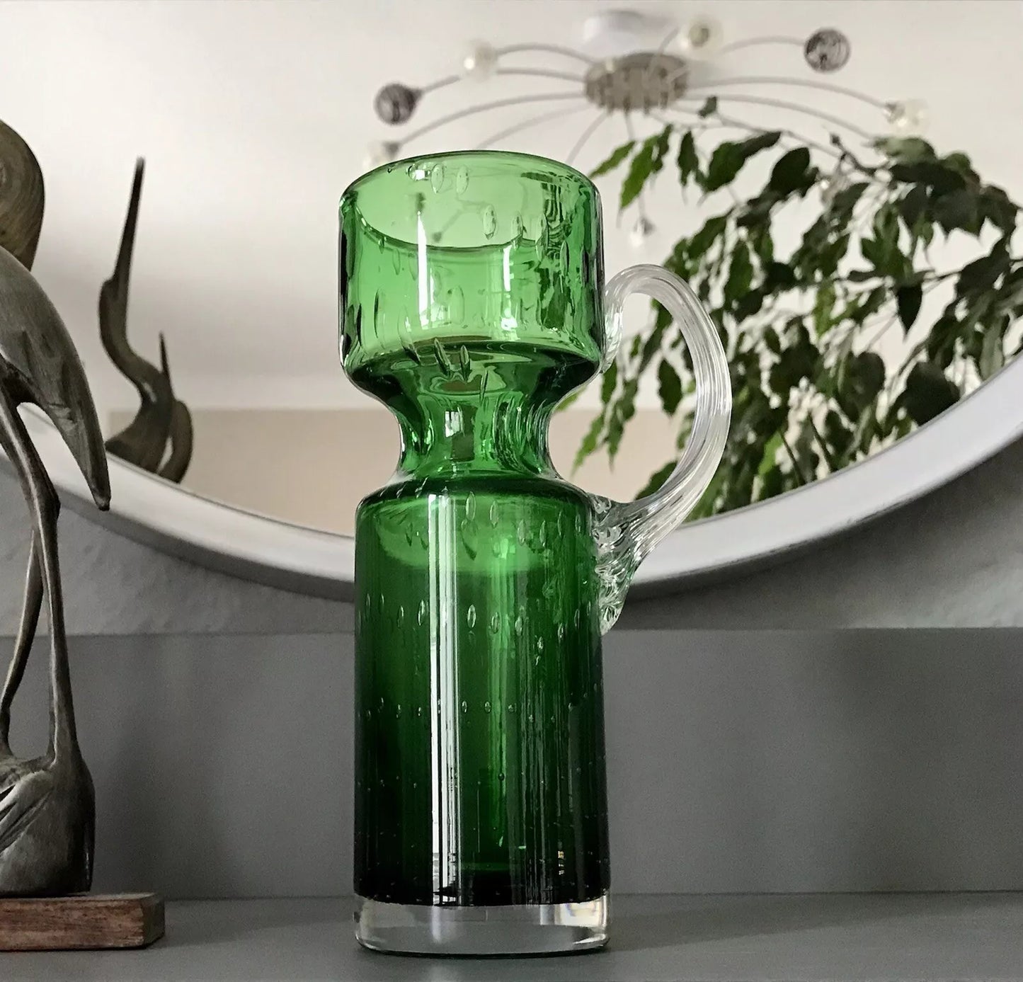 Vintage  Vase Murano Glasvase grün Luftblasen Henkelvase