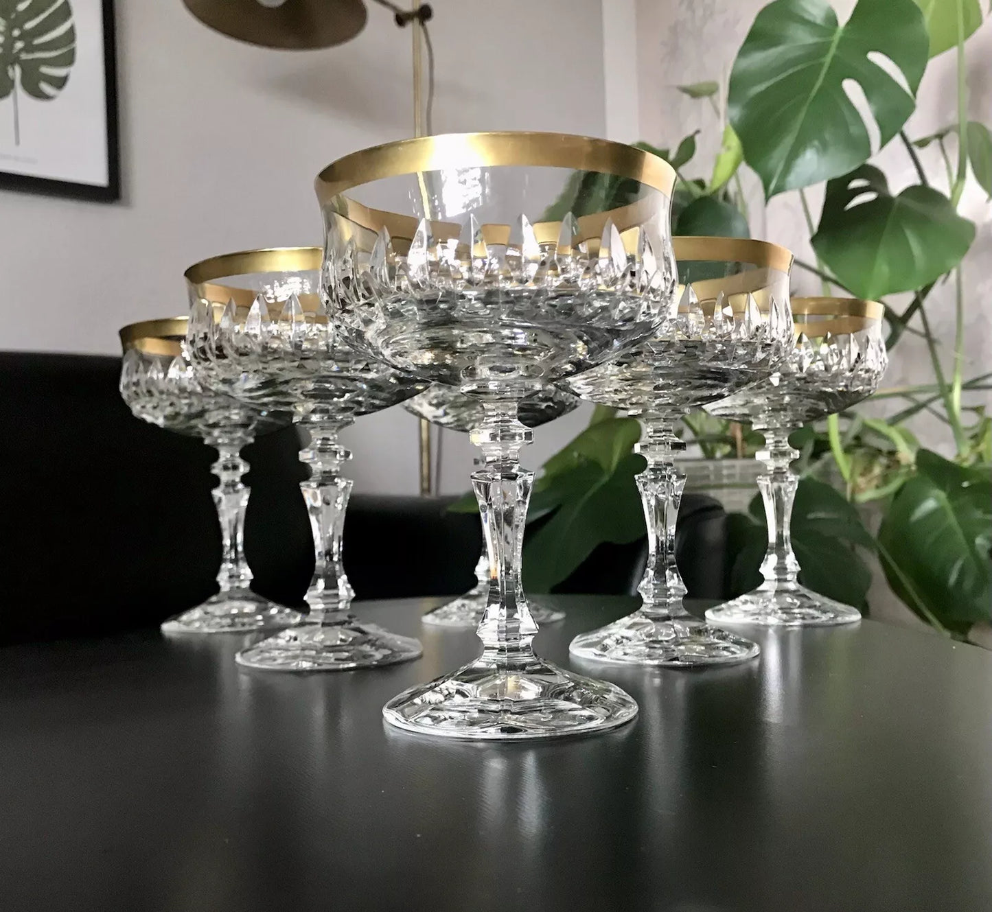 Vintage 12 EDEL Sekt Champagnerschalen Gläser Kristallglas Sektschalen Goldrand