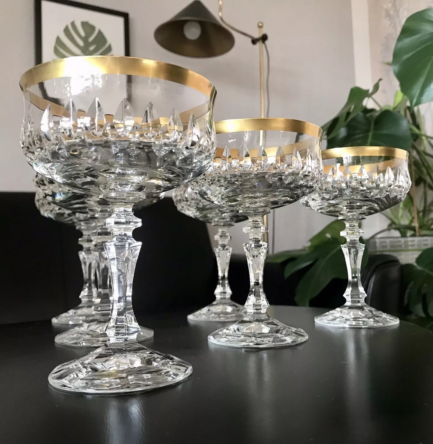 Vintage 12 EDEL Sekt Champagnerschalen Gläser Kristallglas Sektschalen Goldrand