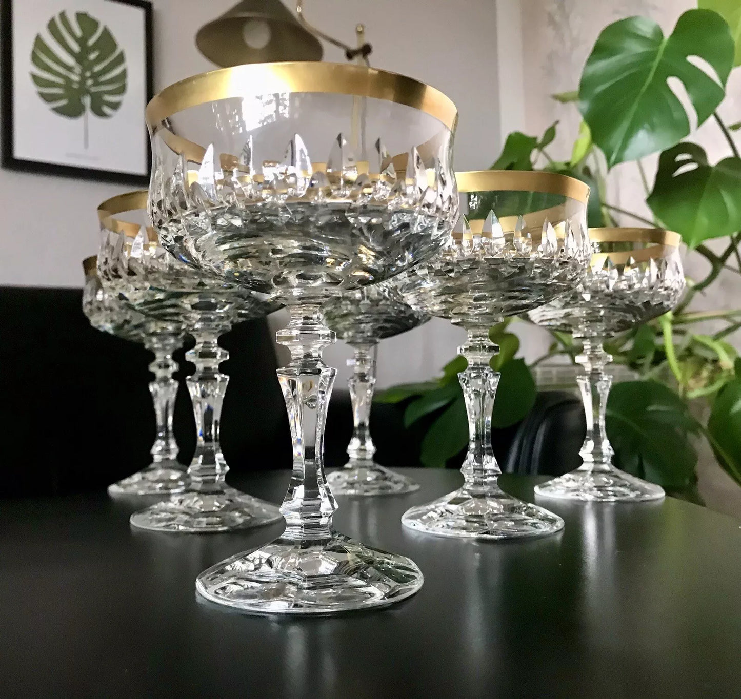 Vintage 12 EDEL Sekt Champagnerschalen Gläser Kristallglas Sektschalen Goldrand