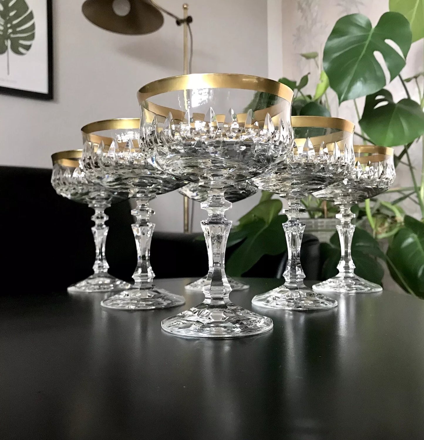 Vintage 12 EDEL Sekt Champagnerschalen Gläser Kristallglas Sektschalen Goldrand