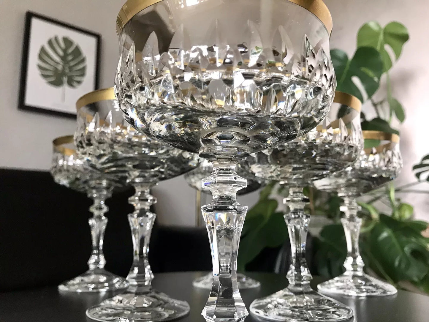 Vintage 12 EDEL Sekt Champagnerschalen Gläser Kristallglas Sektschalen Goldrand