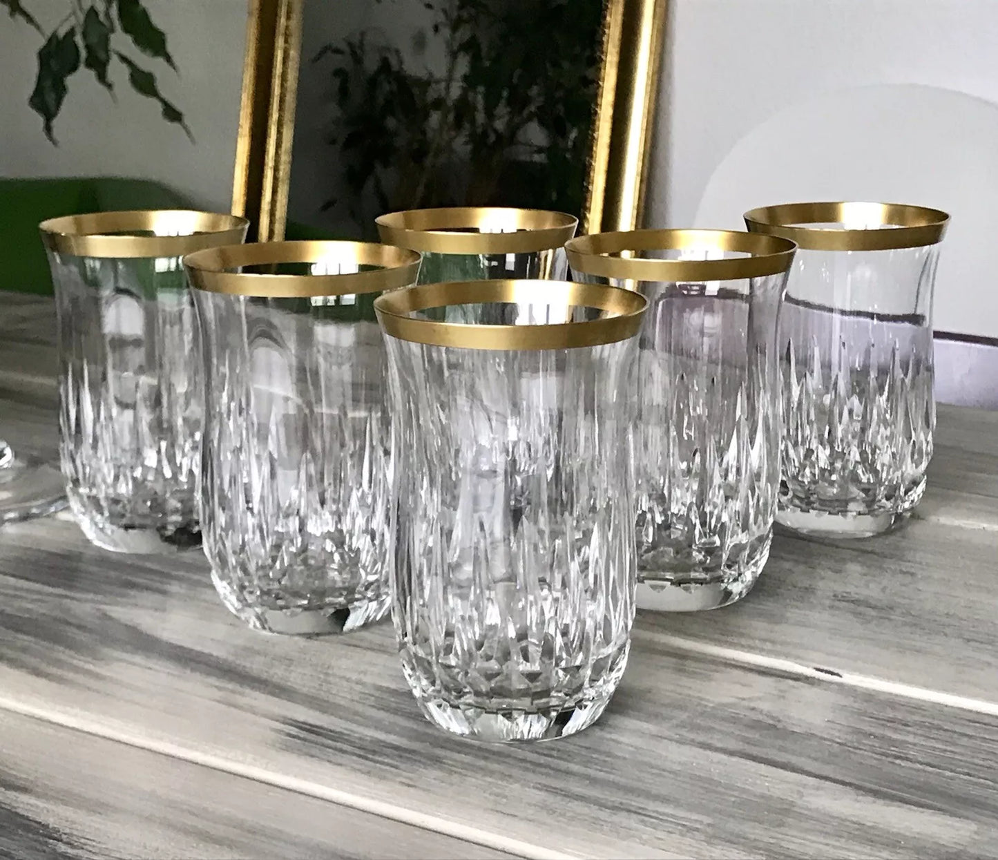 Vintage 12 EDEL Wassergläser Trinkbecher Gläser Kristallglas Goldrand