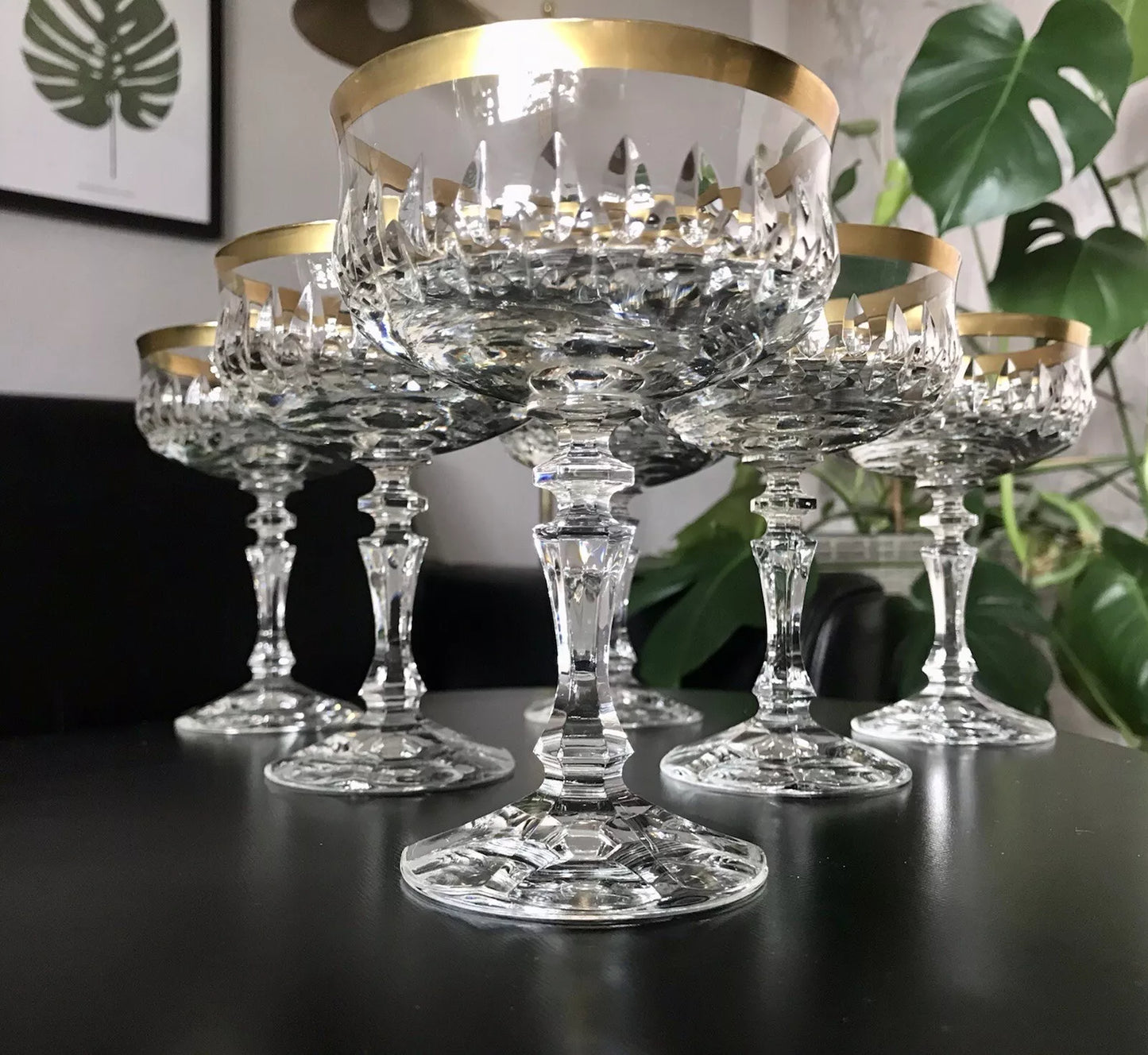 Vintage 12 EDEL Sekt Champagnerschalen Gläser Kristallglas Sektschalen Goldrand