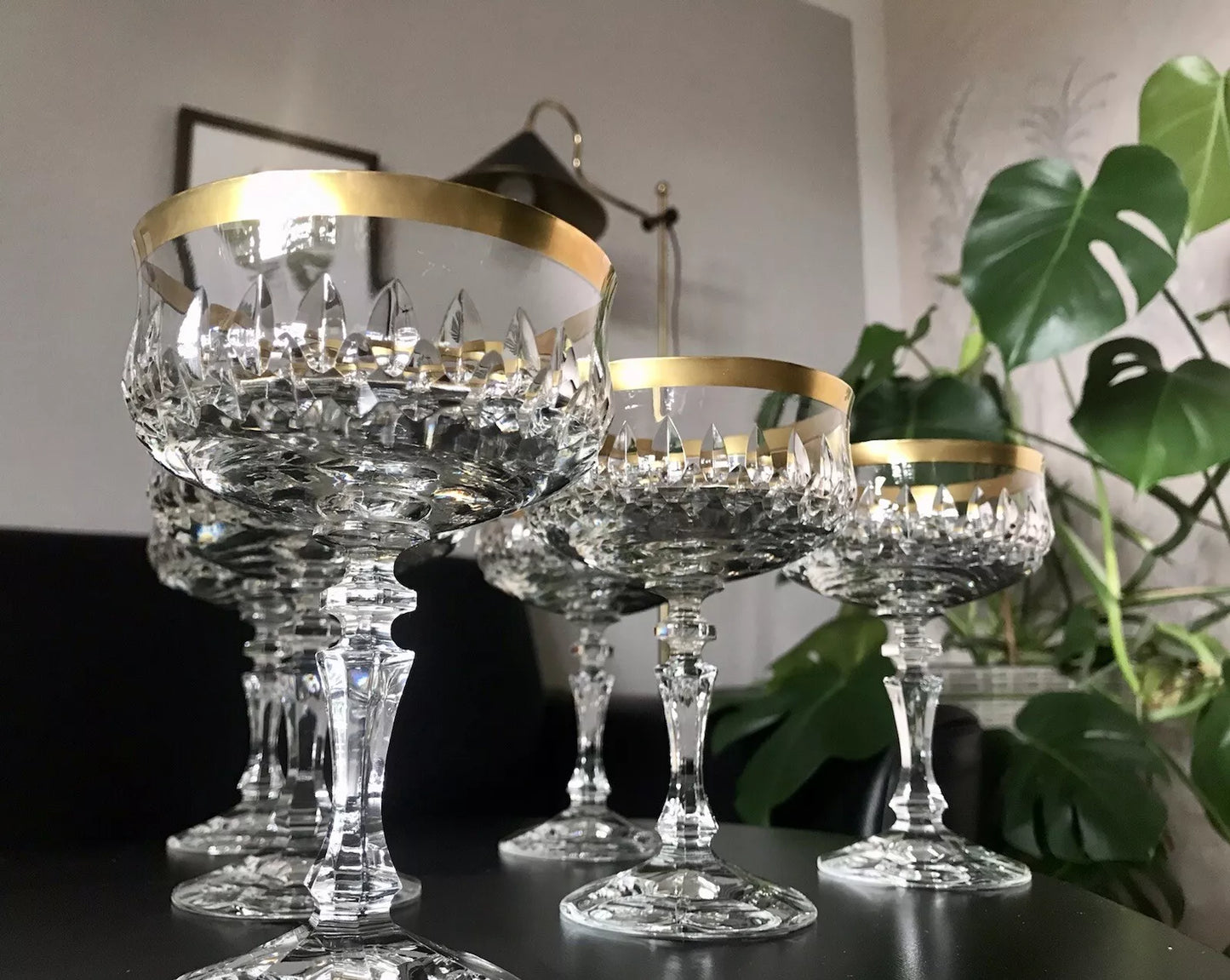 Vintage 12 EDEL Sekt Champagnerschalen Gläser Kristallglas Sektschalen Goldrand