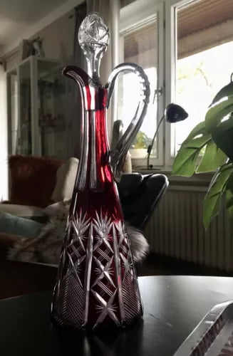 Antik Art Déco rubin rot Überfangglas Schliff Dekanter Karaffe Kristallglas EDEL