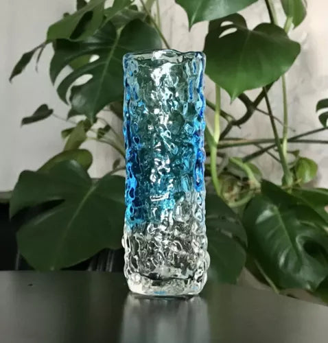 Vintage Geoffrey Baxter Whitefriars ? Designer Glasvase Vase Glas türkis Blau