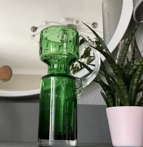 Vintage  Vase Murano Glasvase grün Luftblasen Henkelvase