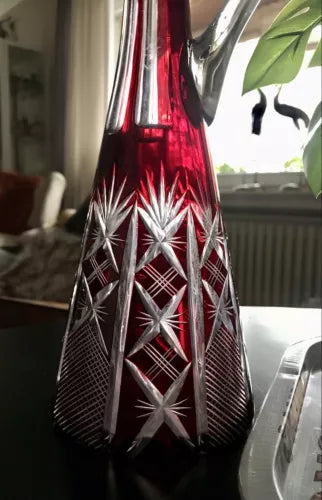 Antik Art Déco rubin rot Überfangglas Schliff Dekanter Karaffe Kristallglas EDEL