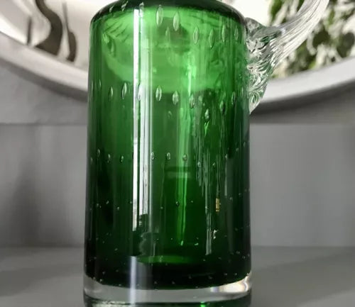 Vintage  Vase Murano Glasvase grün Luftblasen Henkelvase