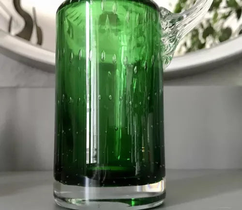 Vintage  Vase Murano Glasvase grün Luftblasen Henkelvase