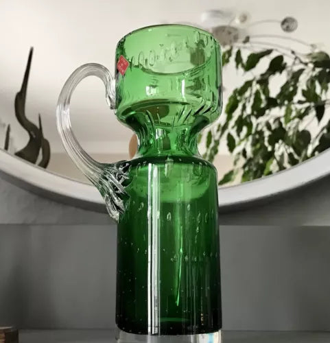 Vintage  Vase Murano Glasvase grün Luftblasen Henkelvase