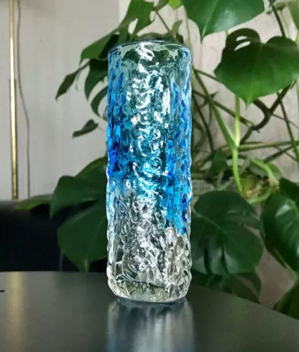 Vintage Geoffrey Baxter Whitefriars ? Designer Glasvase Vase Glas türkis Blau