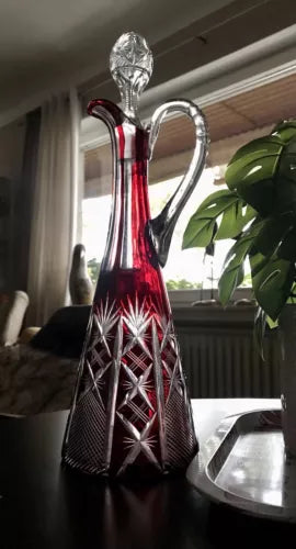 Antik Art Déco rubin rot Überfangglas Schliff Dekanter Karaffe Kristallglas EDEL